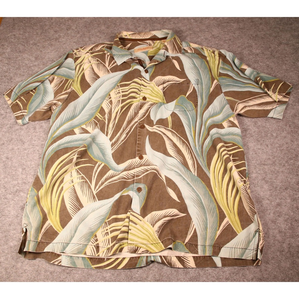 Tommy Bahama Mens XL Silk Tropical Palm Leaf Button Up Shirt Brown Sage Green